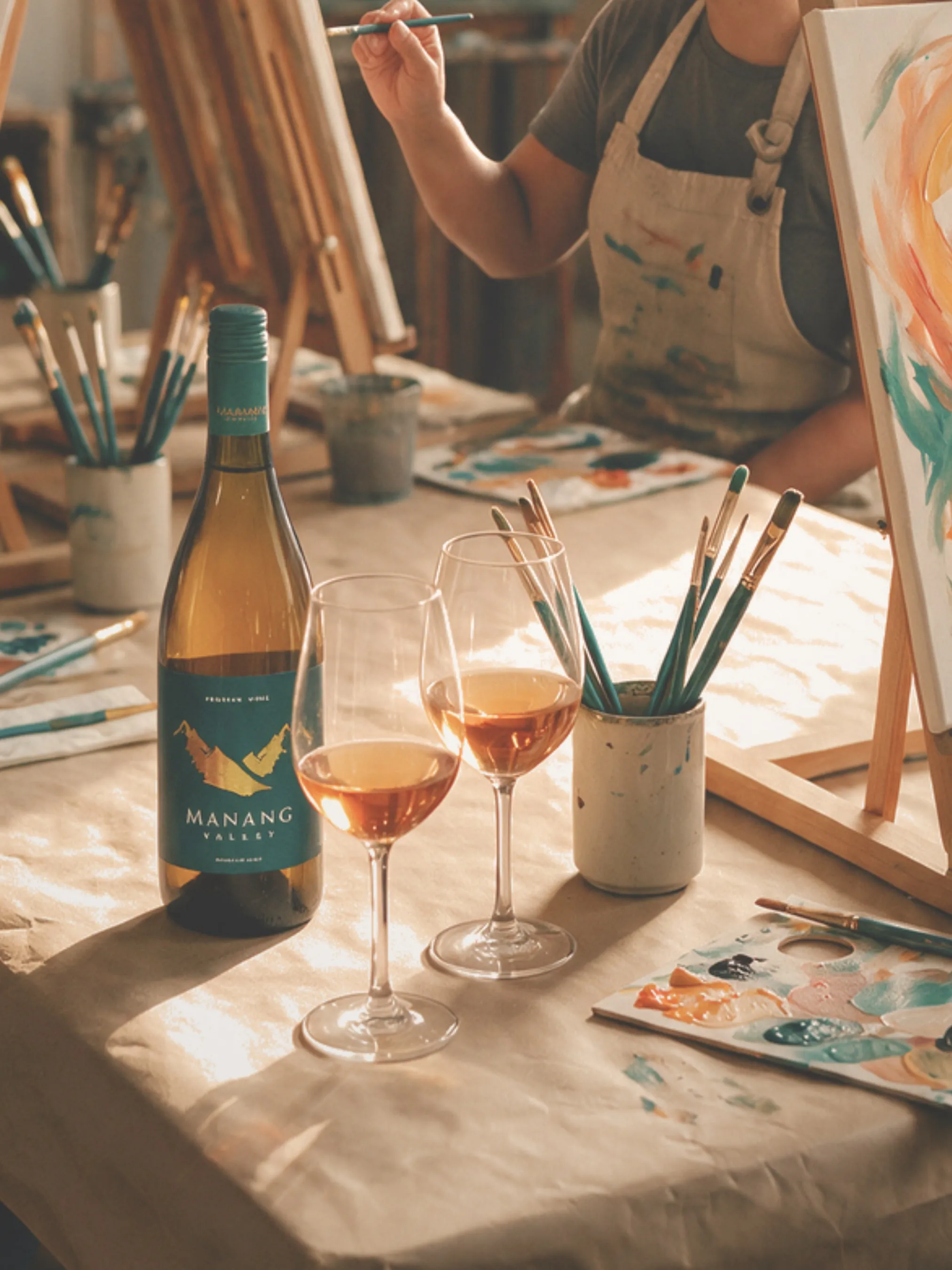A bottle and two glasses on a painter’s worktable